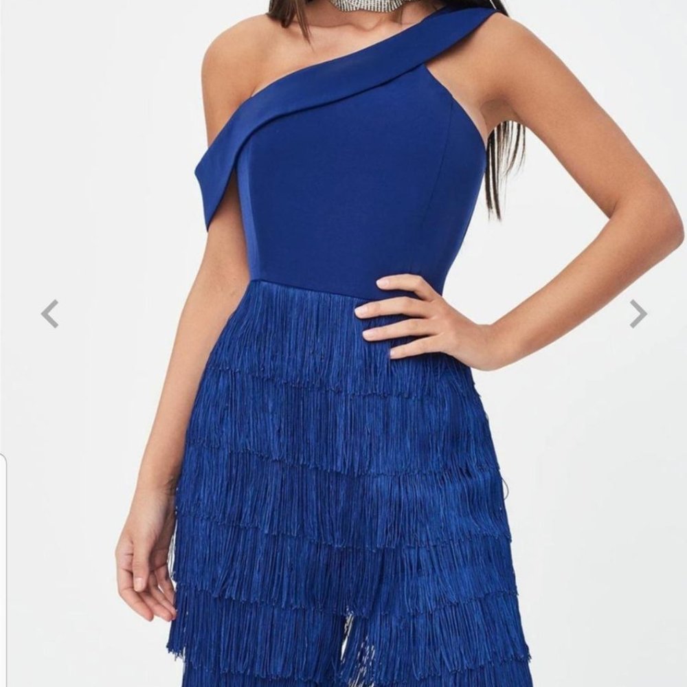 asymmetric fringe jumpsuit in navy